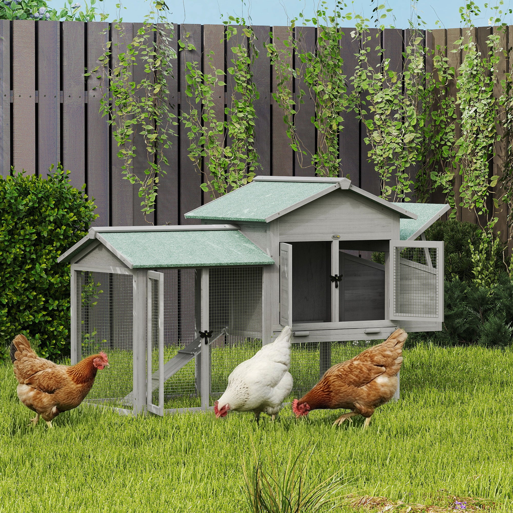 Wooden Chicken Coop with Run, 168 x 75 x 103 cm (66.1 x 29.5 x 40.6 in) — Nest Box, Ramp & Pull-Out Tray, Asphalt Roof — Gray/Green, Fits 2–4 Chickens