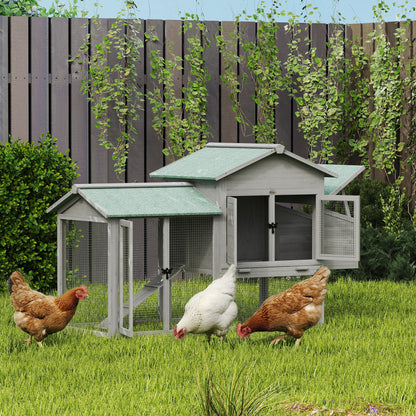 Wooden Chicken Coop with Run, 168 x 75 x 103 cm (66.1 x 29.5 x 40.6 in) — Nest Box, Ramp & Pull-Out Tray, Asphalt Roof — Gray/Green, Fits 2–4 Chickens