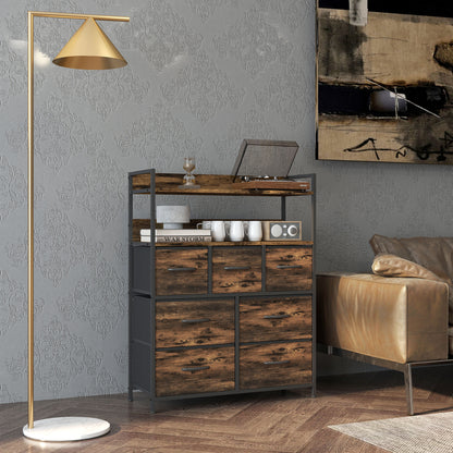 Fabric Drawer Storage Cabinet with 7 Drawers, Shelving Unit with Steel Frame Storage Cabinet for Bedroom, Living Room Rustic Brown