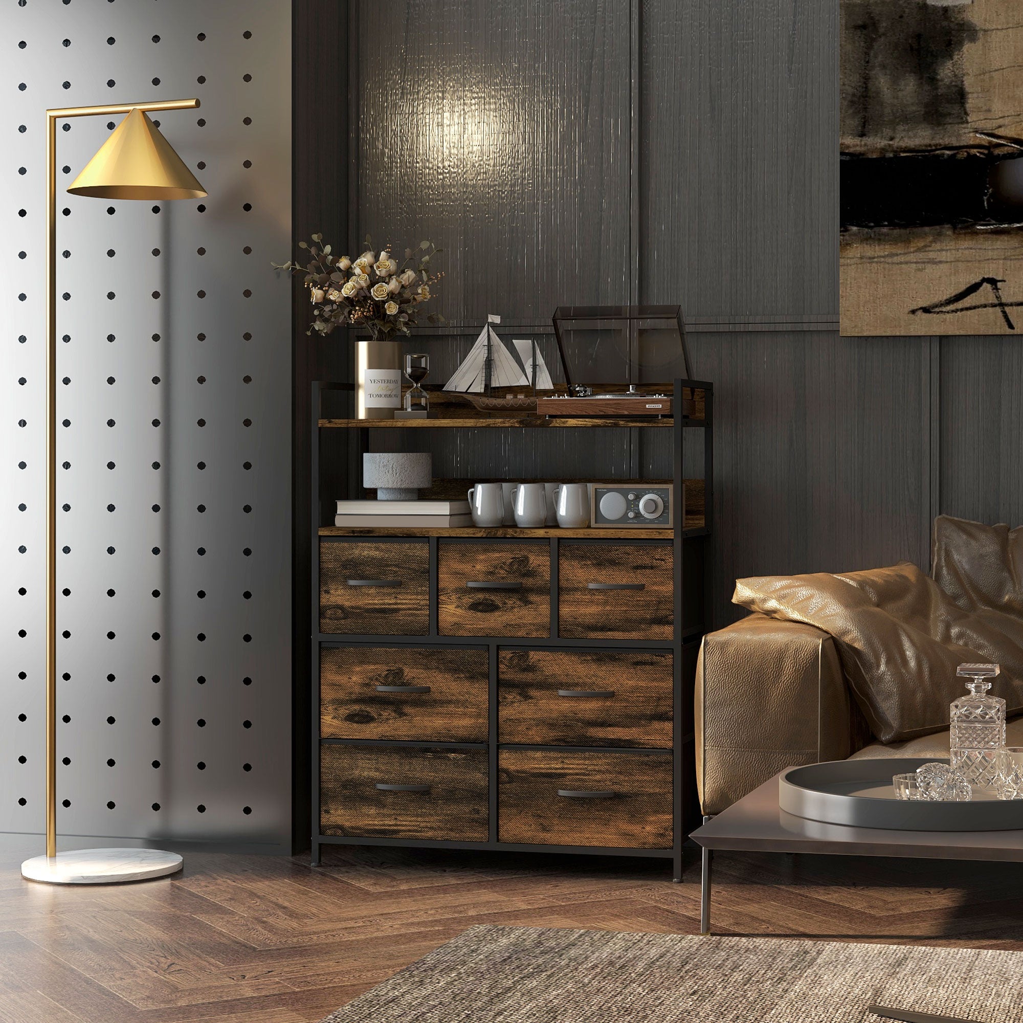Fabric Drawer Storage Cabinet with 7 Drawers, Shelving Unit with Steel Frame Storage Cabinet for Bedroom, Living Room Rustic Brown