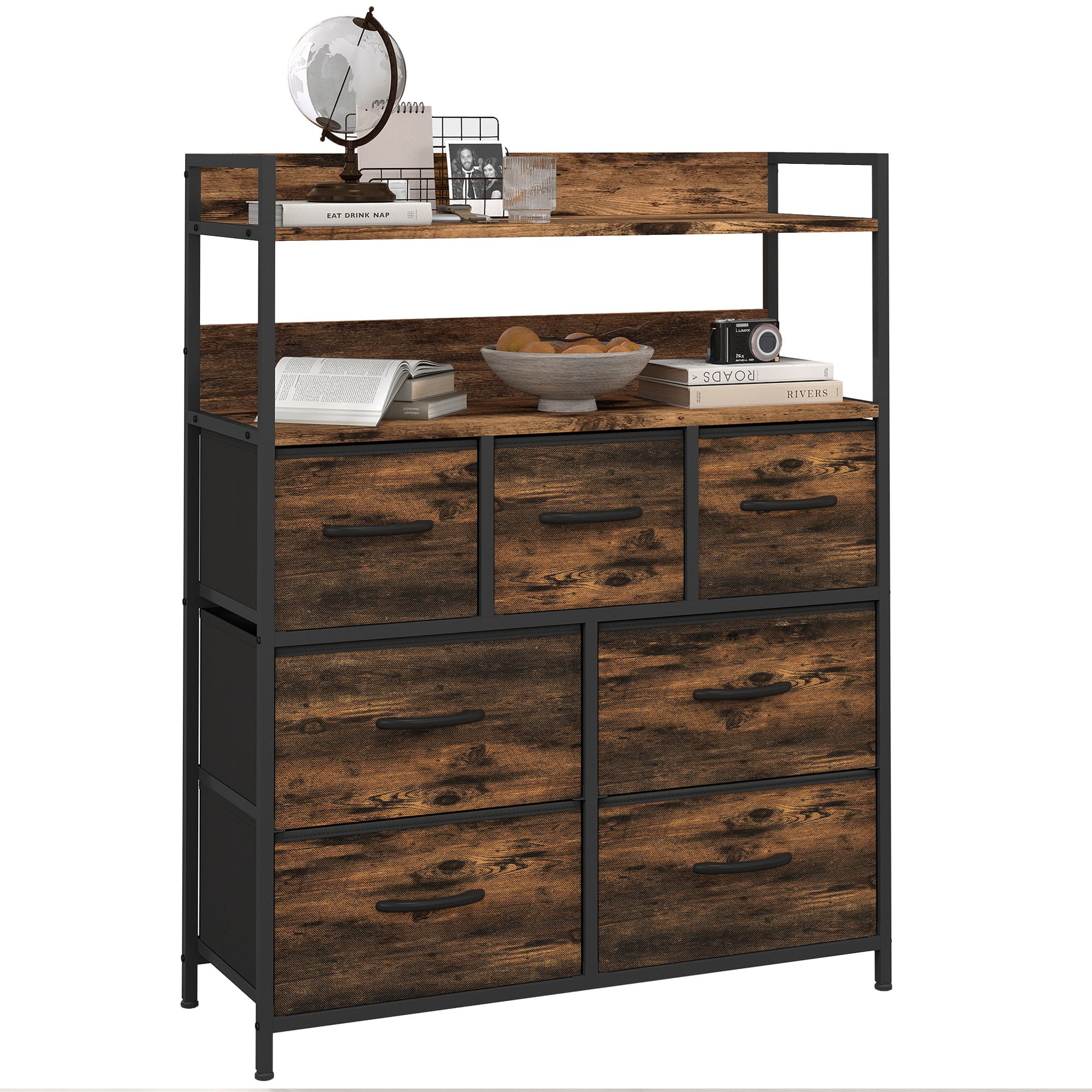 Fabric Drawer Storage Cabinet with 7 Drawers, Shelving Unit with Steel Frame Storage Cabinet for Bedroom, Living Room Rustic Brown