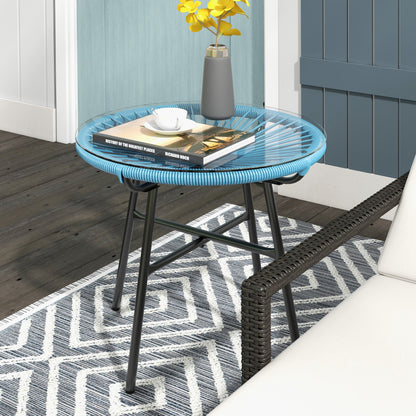 Round Garden Coffee Table in Resin Rattan Look Metal and Tempered Glass Top Ø 50 x 50 cm Blue