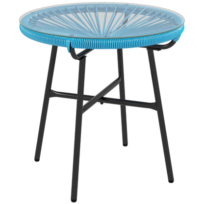 Round Garden Coffee Table in Resin Rattan Look Metal and Tempered Glass Top Ø 50 x 50 cm Blue