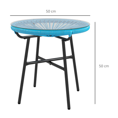 Round Garden Coffee Table in Resin Rattan Look Metal and Tempered Glass Top Ø 50 x 50 cm Blue