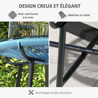 Round Garden Coffee Table in Resin Rattan Look Metal and Tempered Glass Top Ø 50 x 50 cm Blue