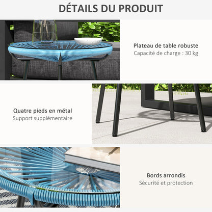 Round Garden Coffee Table in Resin Rattan Look Metal and Tempered Glass Top Ø 50 x 50 cm Blue
