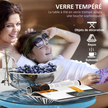 Round Garden Coffee Table in Resin Rattan Look Metal and Tempered Glass Top Ø 50 x 50 cm Blue