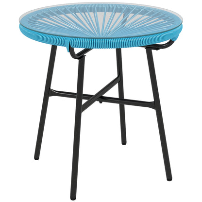 Round Garden Coffee Table in Resin Rattan Look Metal and Tempered Glass Top Ø 50 x 50 cm Blue