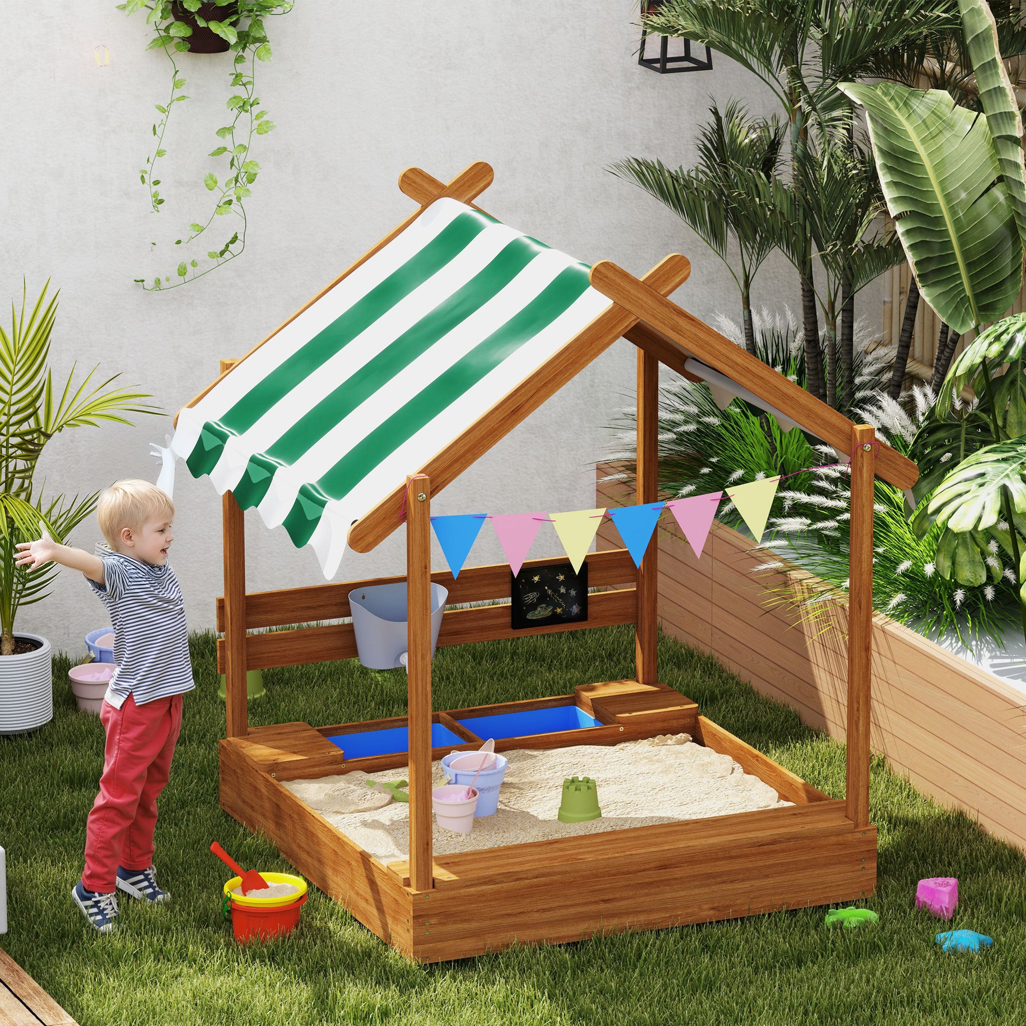 Sandbox with Roof, Wooden Sandbox with Seating Area, Playhouse, 124 x 116 x 146 cm Sandbox with Chalkboard for 3-7 Year Olds, Garden, Green