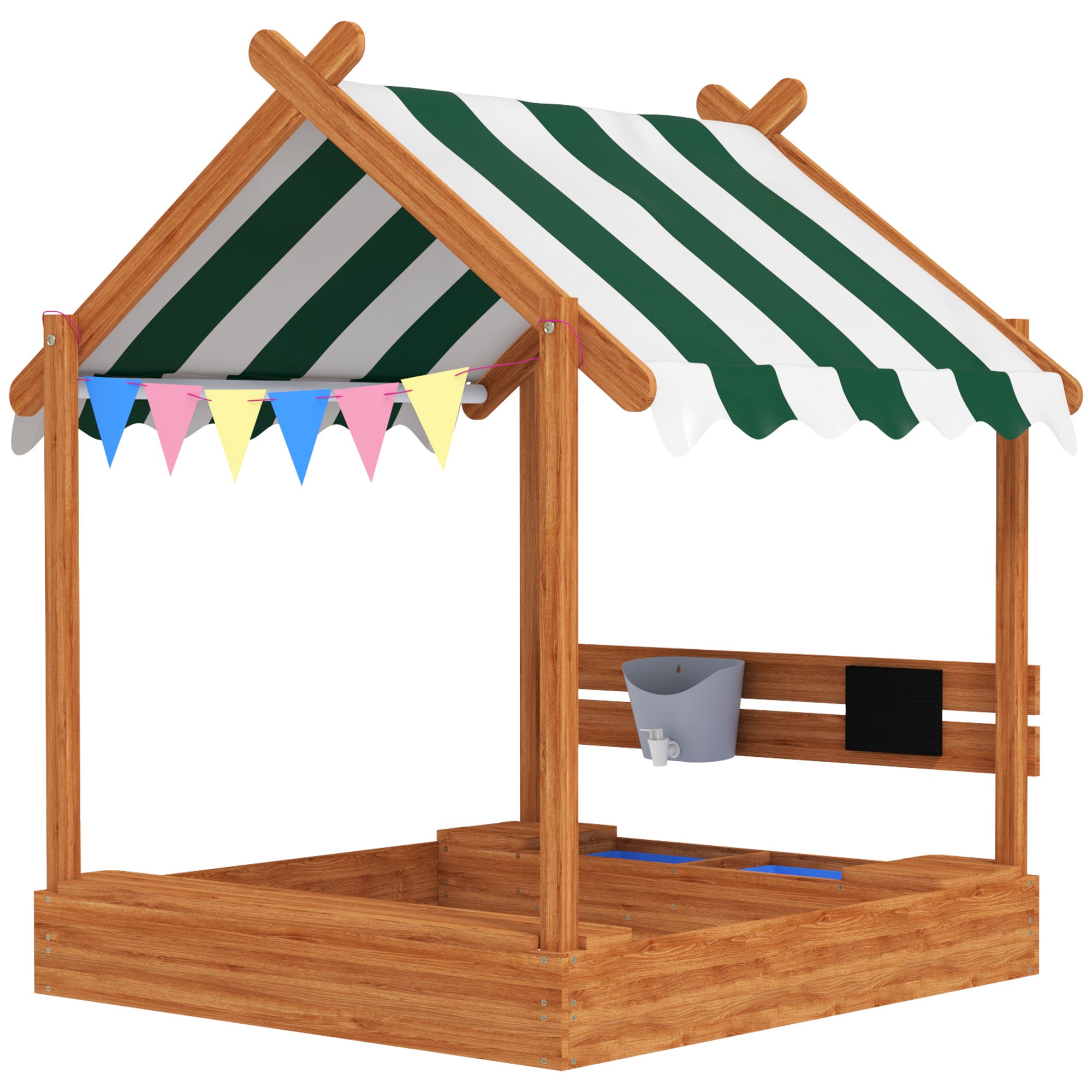 Sandbox with Roof, Wooden Sandbox with Seating Area, Playhouse, 124 x 116 x 146 cm Sandbox with Chalkboard for 3-7 Year Olds, Garden, Green