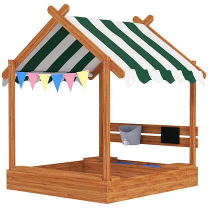 Sandbox with Roof, Wooden Sandbox with Seating Area, Playhouse, 124 x 116 x 146 cm Sandbox with Chalkboard for 3-7 Year Olds, Garden, Green