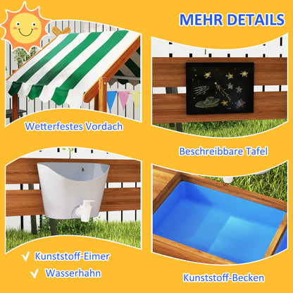 Sandbox with Roof, Wooden Sandbox with Seating Area, Playhouse, 124 x 116 x 146 cm Sandbox with Chalkboard for 3-7 Year Olds, Garden, Green