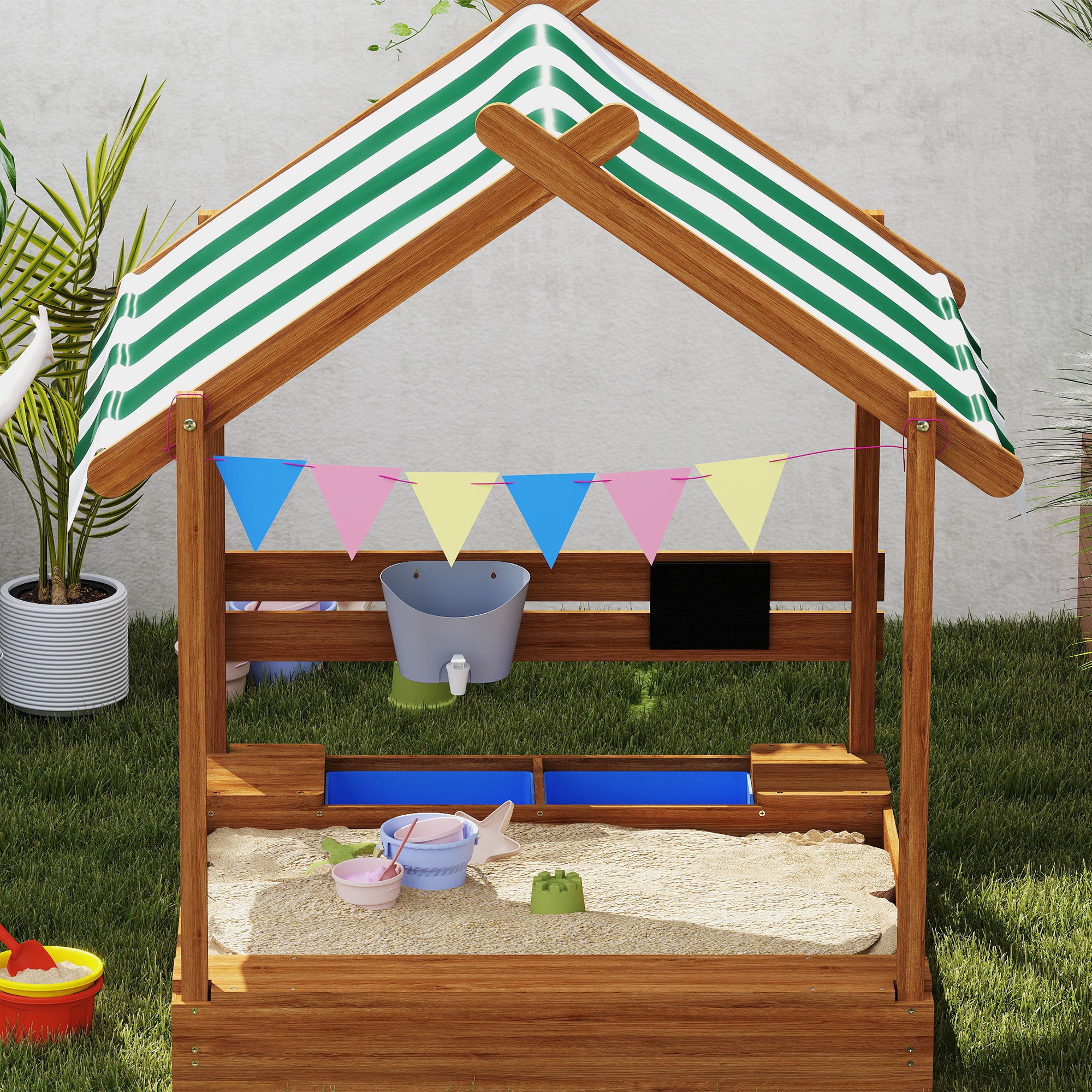 Sandbox with Roof, Wooden Sandbox with Seating Area, Playhouse, 124 x 116 x 146 cm Sandbox with Chalkboard for 3-7 Year Olds, Garden, Green
