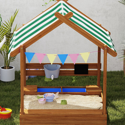 Sandbox with Roof, Wooden Sandbox with Seating Area, Playhouse, 124 x 116 x 146 cm Sandbox with Chalkboard for 3-7 Year Olds, Garden, Green