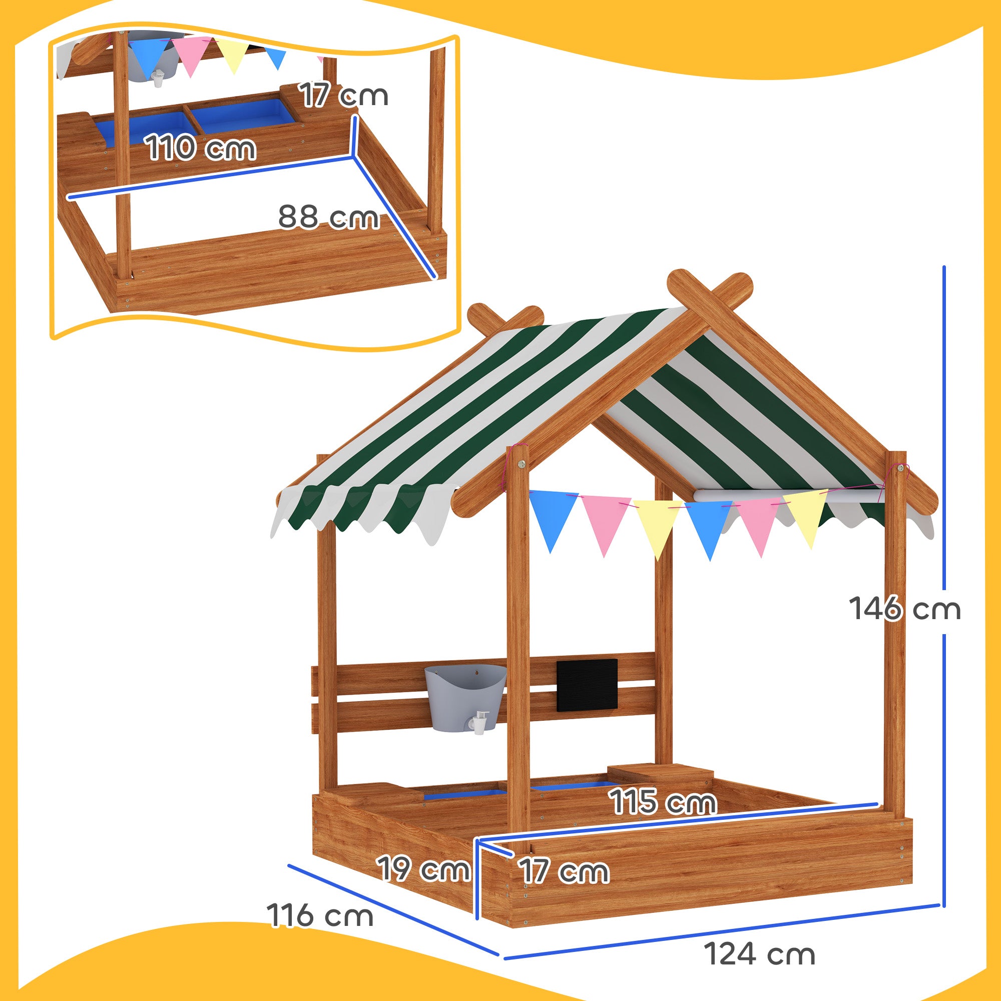 Sandbox with Roof, Wooden Sandbox with Seating Area, Playhouse, 124 x 116 x 146 cm Sandbox with Chalkboard for 3-7 Year Olds, Garden, Green