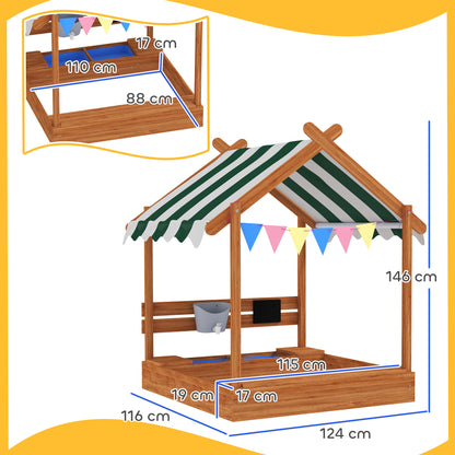 Sandbox with Roof, Wooden Sandbox with Seating Area, Playhouse, 124 x 116 x 146 cm Sandbox with Chalkboard for 3-7 Year Olds, Garden, Green