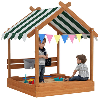 Sandbox with Roof, Wooden Sandbox with Seating Area, Playhouse, 124 x 116 x 146 cm Sandbox with Chalkboard for 3-7 Year Olds, Garden, Green