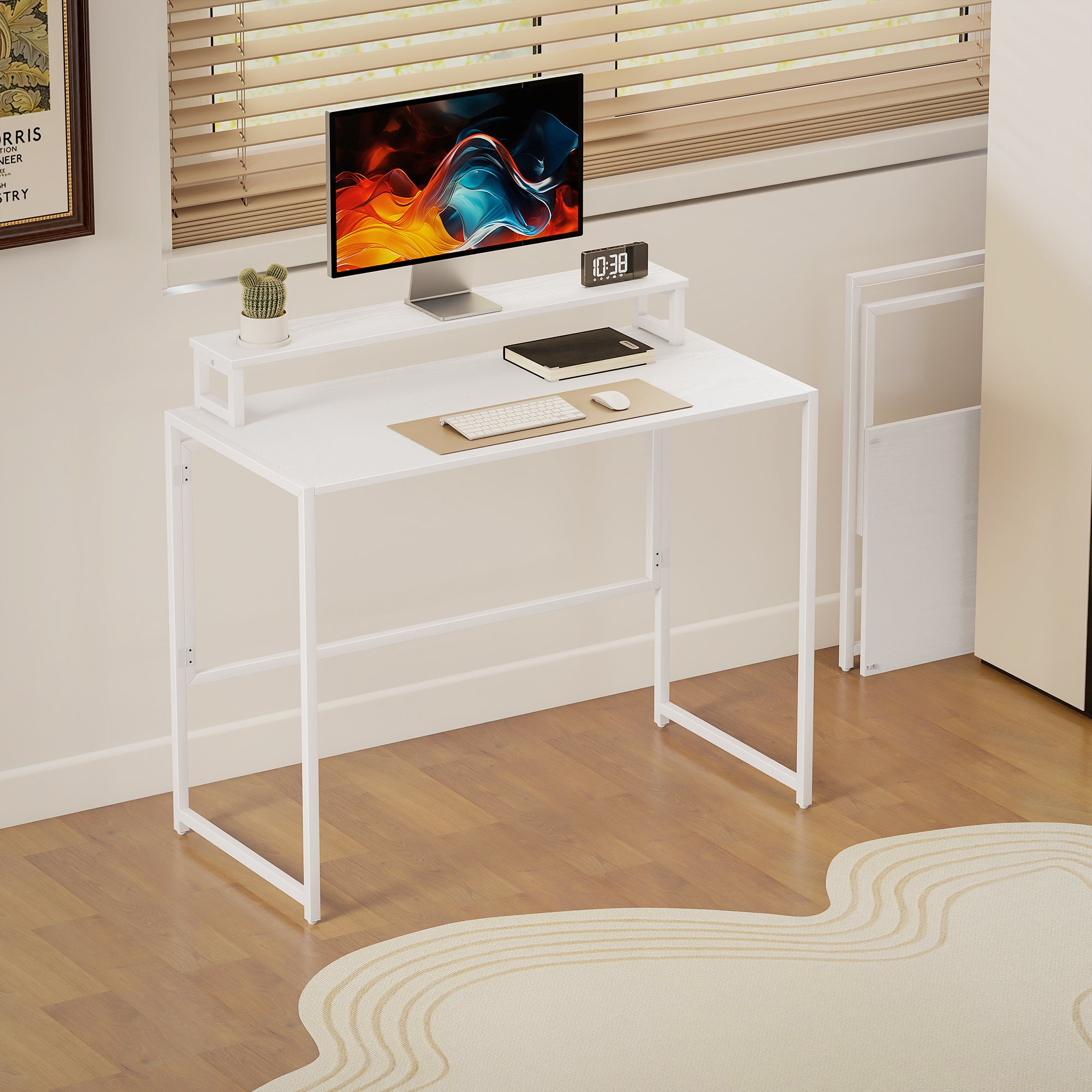 Folding Computer Desk with Monitor Riser, Steel Frame, 39.4 x 18.9 x 34.4 in (100 x 48 x 87.5 cm), White