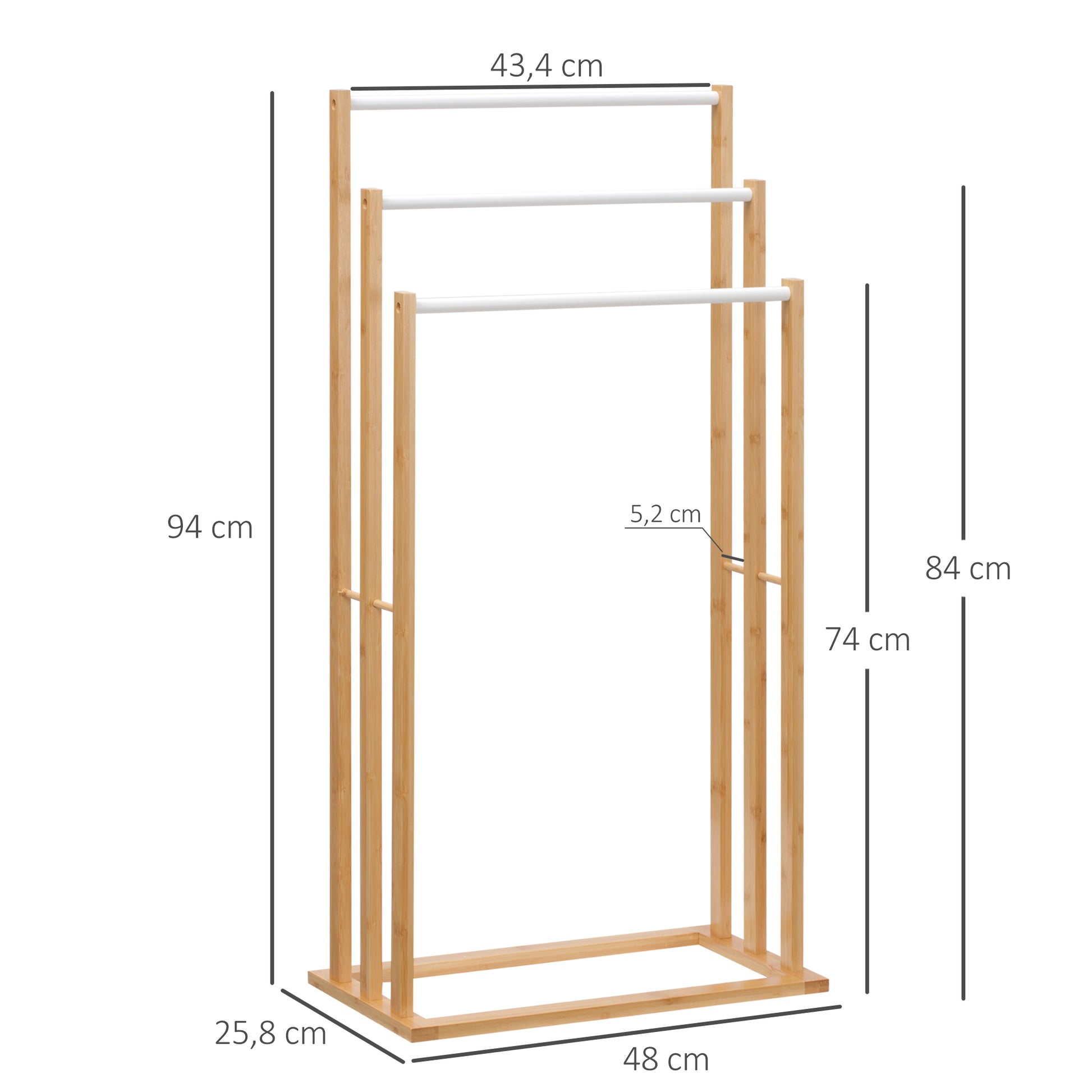 Freestanding Towel Rack with 3 Bars Towel Stand made of Bamboo Bathroom Towel Holder for Bathrooms, Towels, Bath Towels 48 x 25.8 x 94 cm