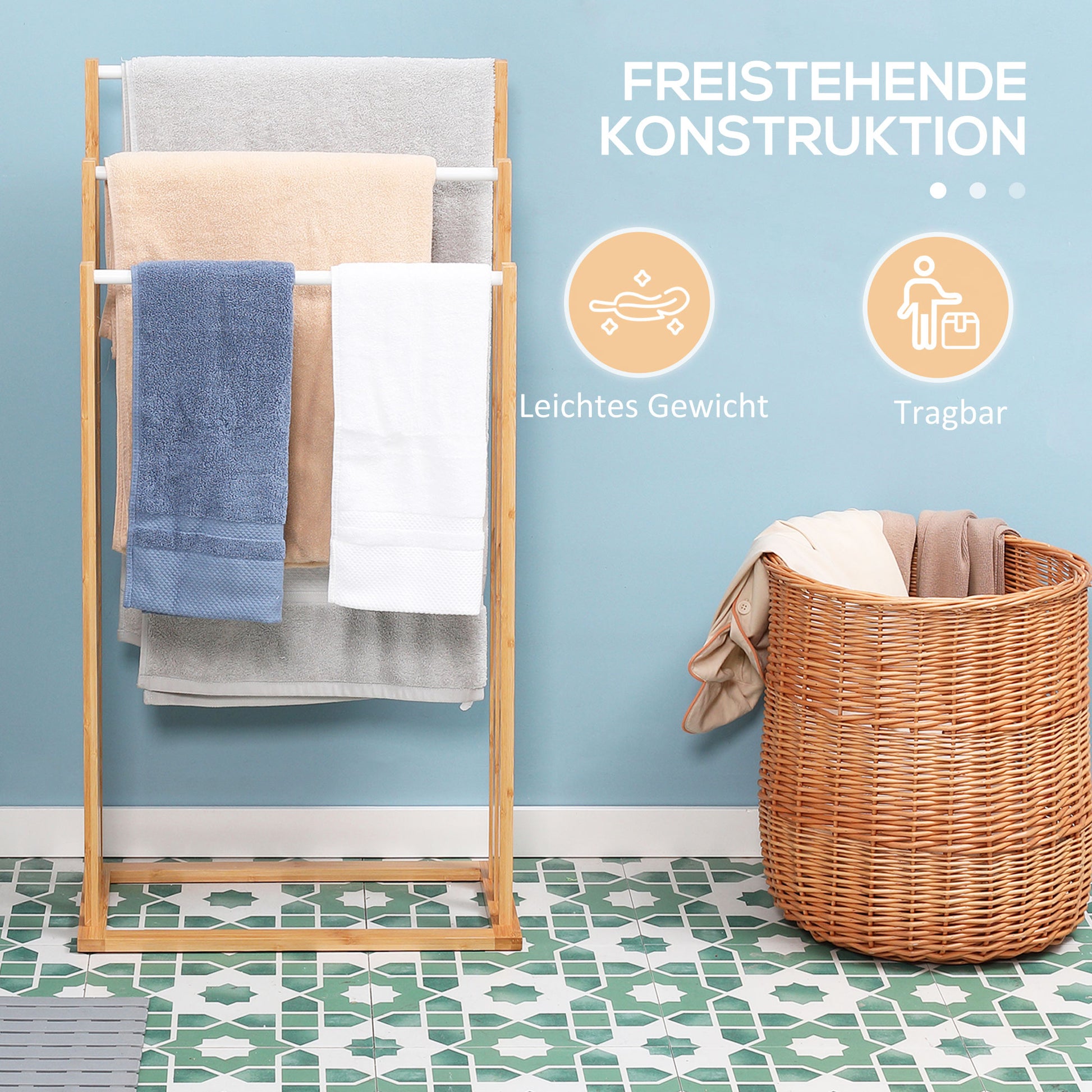Freestanding Towel Rack with 3 Bars Towel Stand made of Bamboo Bathroom Towel Holder for Bathrooms, Towels, Bath Towels 48 x 25.8 x 94 cm
