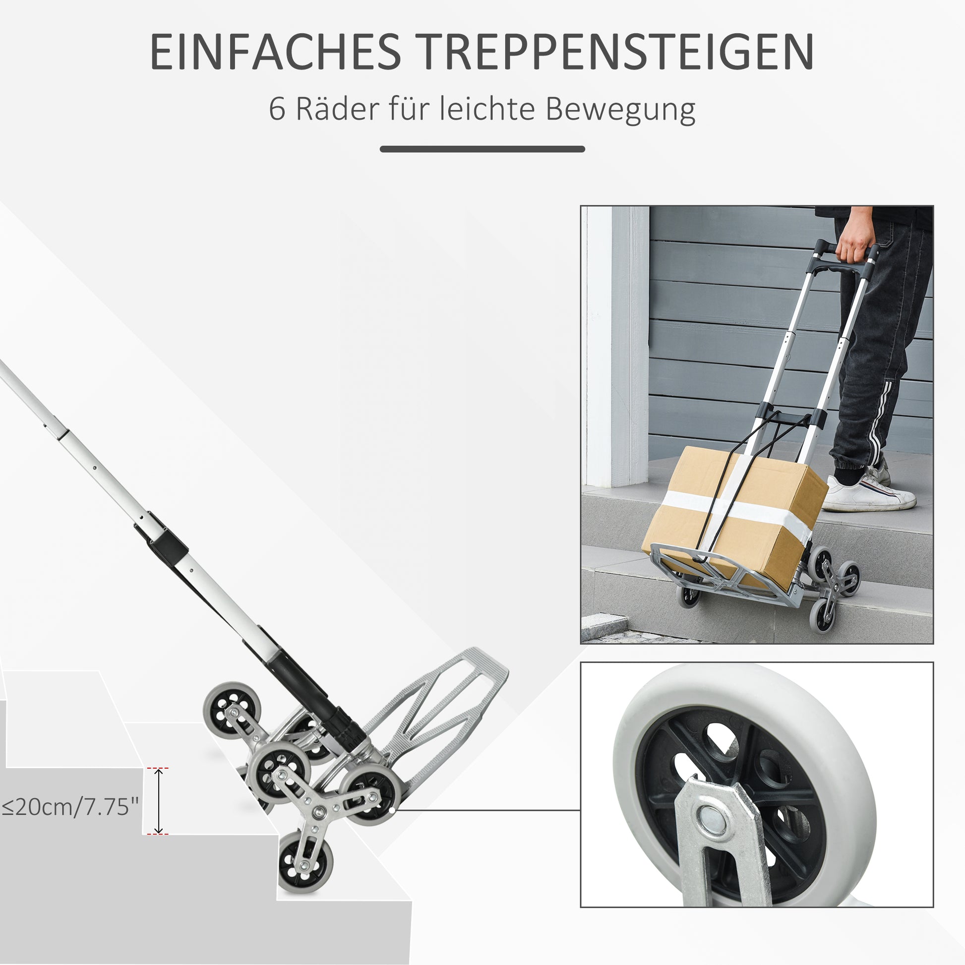 Folding Stair Climber with 6 Wheels, Transport Cart incl. Fastening Strap, Automatic Folding Function, max. 70 kg Load Capacity, for Moving & Heavy Items, Silver