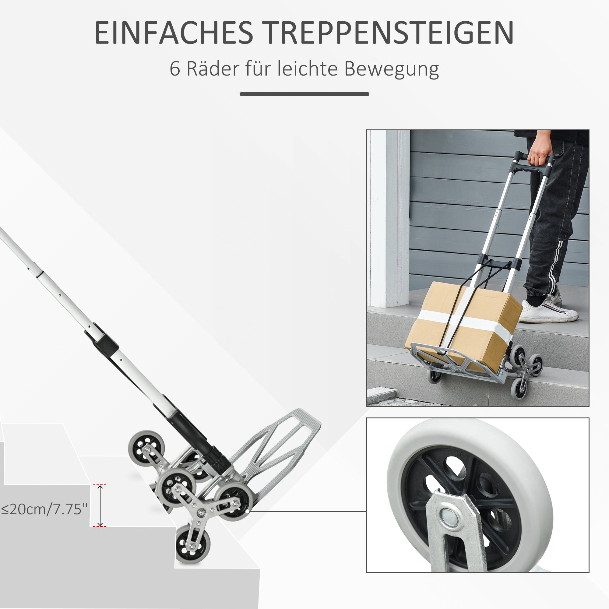 Folding Stair Climber with 6 Wheels, Transport Cart incl. Fastening Strap, Automatic Folding Function, max. 70 kg Load Capacity, for Moving & Heavy Items, Silver