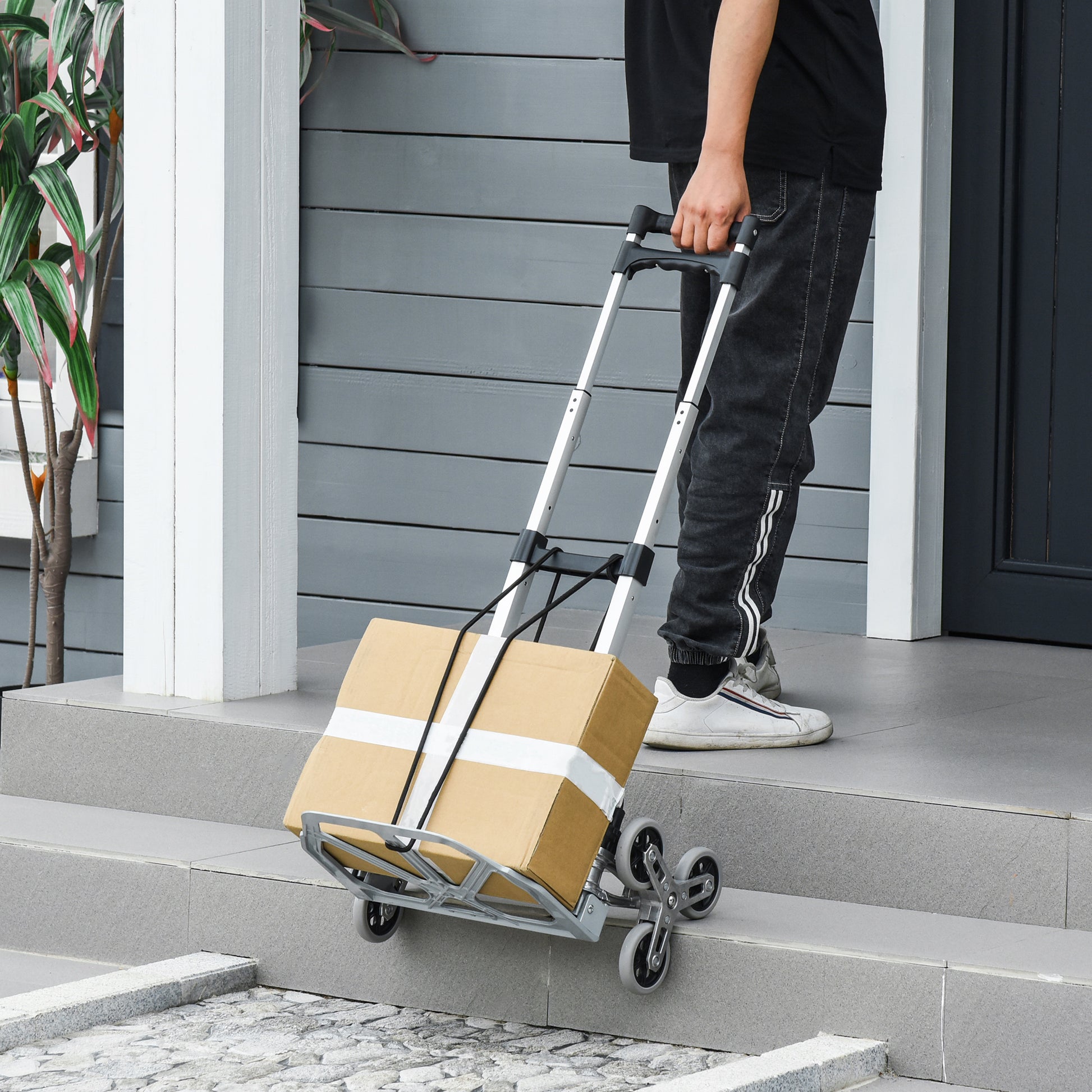 Folding Stair Climber with 6 Wheels, Transport Cart incl. Fastening Strap, Automatic Folding Function, max. 70 kg Load Capacity, for Moving & Heavy Items, Silver