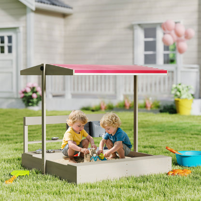Wooden Sandbox for Kids with Adjustable Canopy Children's Sandbox with Kitchen Toys Chalkboard and Bench Playset for Kids 3-7 Years Old for Patio Garden 114x110x110 cm Gray