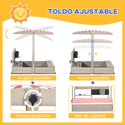 Wooden Sandbox for Kids with Adjustable Canopy Children's Sandbox with Kitchen Toys Chalkboard and Bench Playset for Kids 3-7 Years Old for Patio Garden 114x110x110 cm Gray