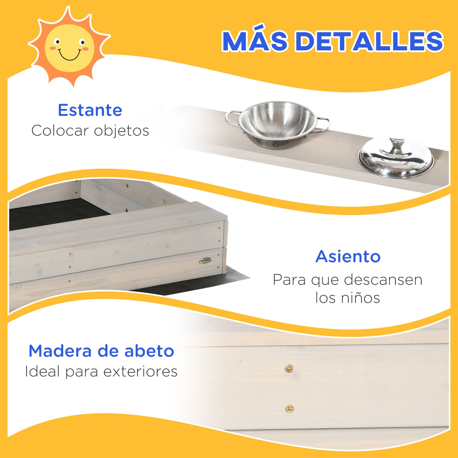 Wooden Sandbox for Kids with Adjustable Canopy Children's Sandbox with Kitchen Toys Chalkboard and Bench Playset for Kids 3-7 Years Old for Patio Garden 114x110x110 cm Gray