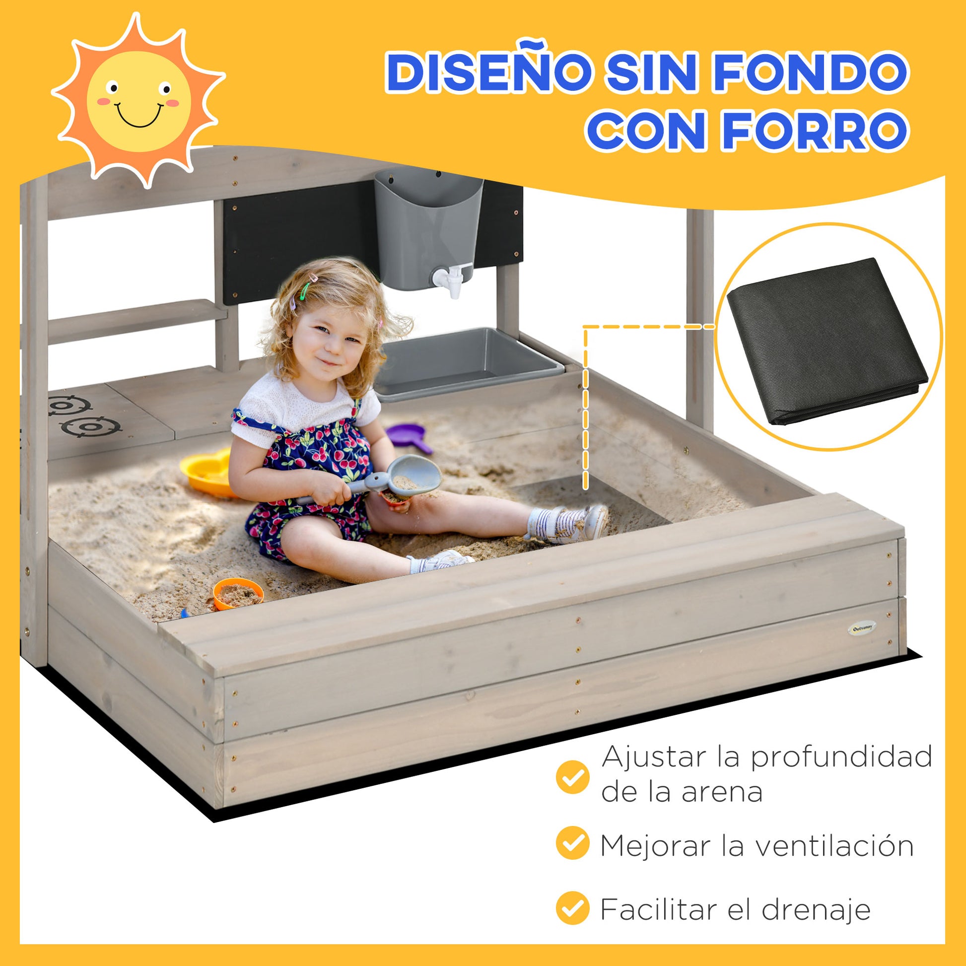 Wooden Sandbox for Kids with Adjustable Canopy Children's Sandbox with Kitchen Toys Chalkboard and Bench Playset for Kids 3-7 Years Old for Patio Garden 114x110x110 cm Gray
