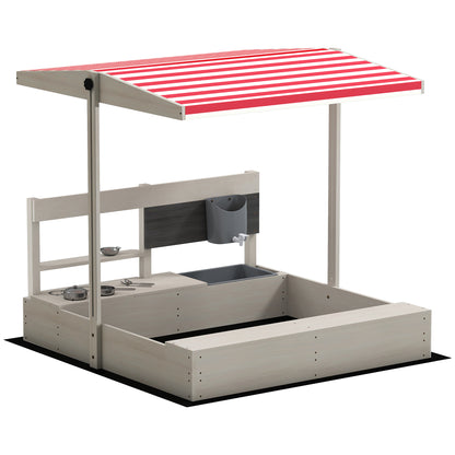 Wooden Sandbox for Kids with Adjustable Canopy Children's Sandbox with Kitchen Toys Chalkboard and Bench Playset for Kids 3-7 Years Old for Patio Garden 114x110x110 cm Gray