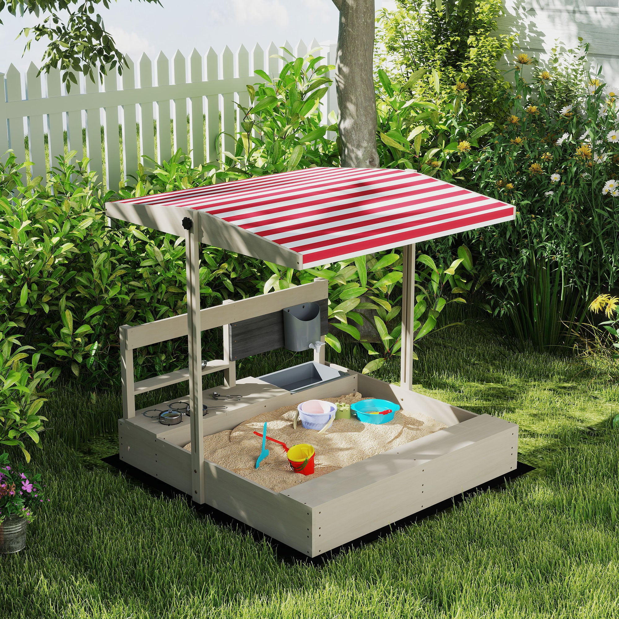 Wooden Sandbox for Kids with Adjustable Canopy Children's Sandbox with Kitchen Toys Chalkboard and Bench Playset for Kids 3-7 Years Old for Patio Garden 114x110x110 cm Gray
