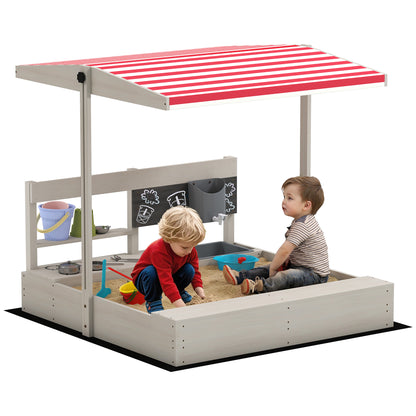 Wooden Sandbox for Kids with Adjustable Canopy Children's Sandbox with Kitchen Toys Chalkboard and Bench Playset for Kids 3-7 Years Old for Patio Garden 114x110x110 cm Gray