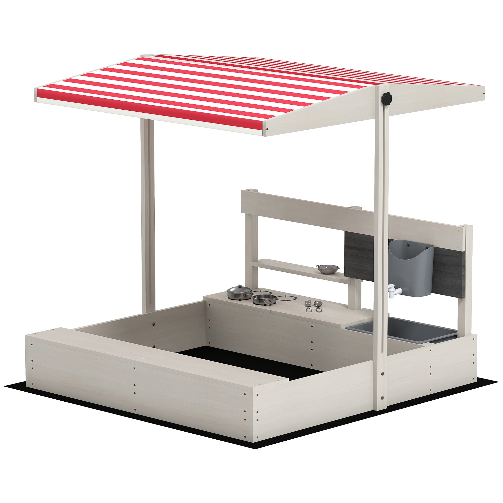 Wooden Sandbox for Kids with Adjustable Canopy Children's Sandbox with Kitchen Toys Chalkboard and Bench Playset for Kids 3-7 Years Old for Patio Garden 114x110x110 cm Gray