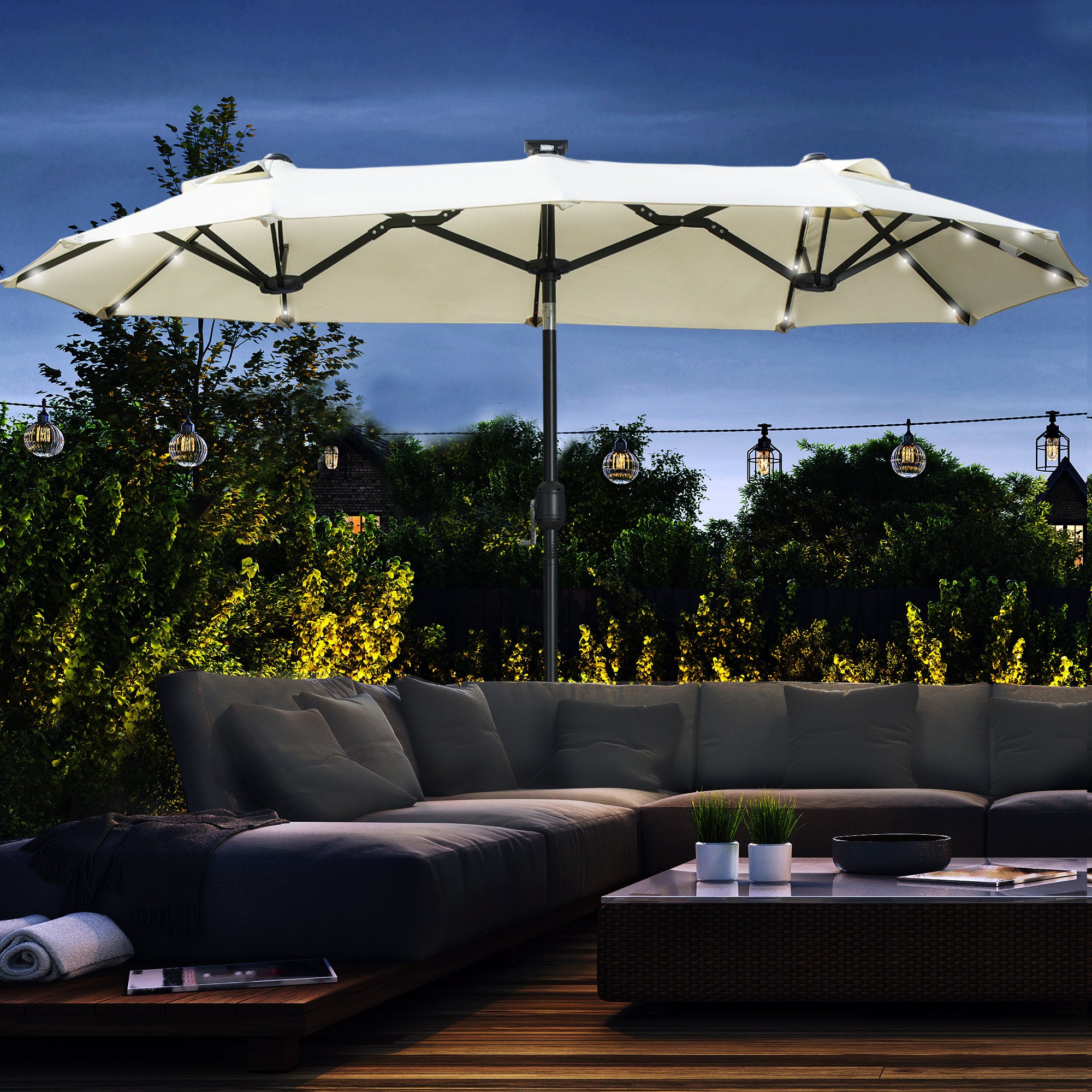 Double Sun Umbrella, 295 x 219cm, Sun Umbrella with LED Lights, Oval, Windproof Garden Umbrella, Sturdy, Market Umbrella with Adjustable Tilt Angle for Patio, Pool, Polyester, Steel, Beige