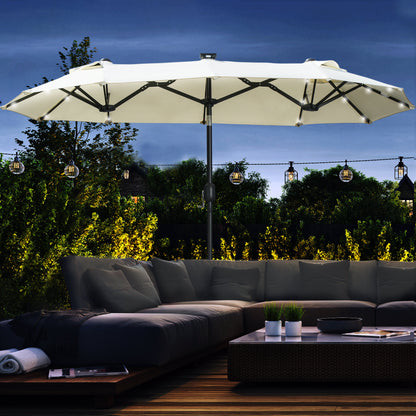 Double Sun Umbrella, 295 x 219cm, Sun Umbrella with LED Lights, Oval, Windproof Garden Umbrella, Sturdy, Market Umbrella with Adjustable Tilt Angle for Patio, Pool, Polyester, Steel, Beige