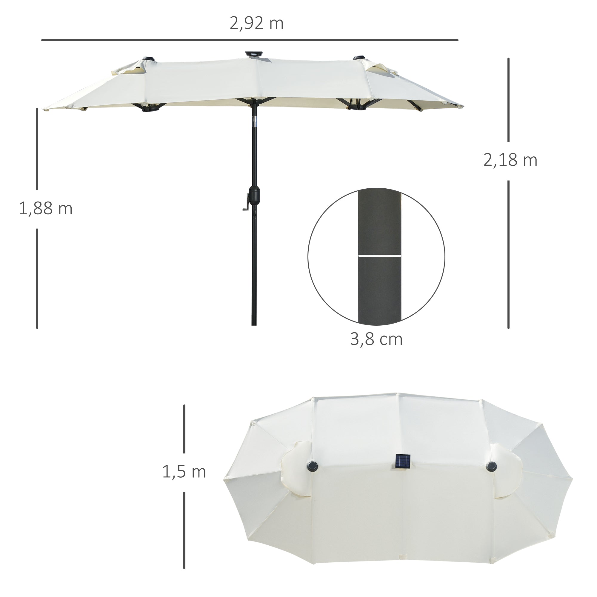 Double Sun Umbrella, 295 x 219cm, Sun Umbrella with LED Lights, Oval, Windproof Garden Umbrella, Sturdy, Market Umbrella with Adjustable Tilt Angle for Patio, Pool, Polyester, Steel, Beige