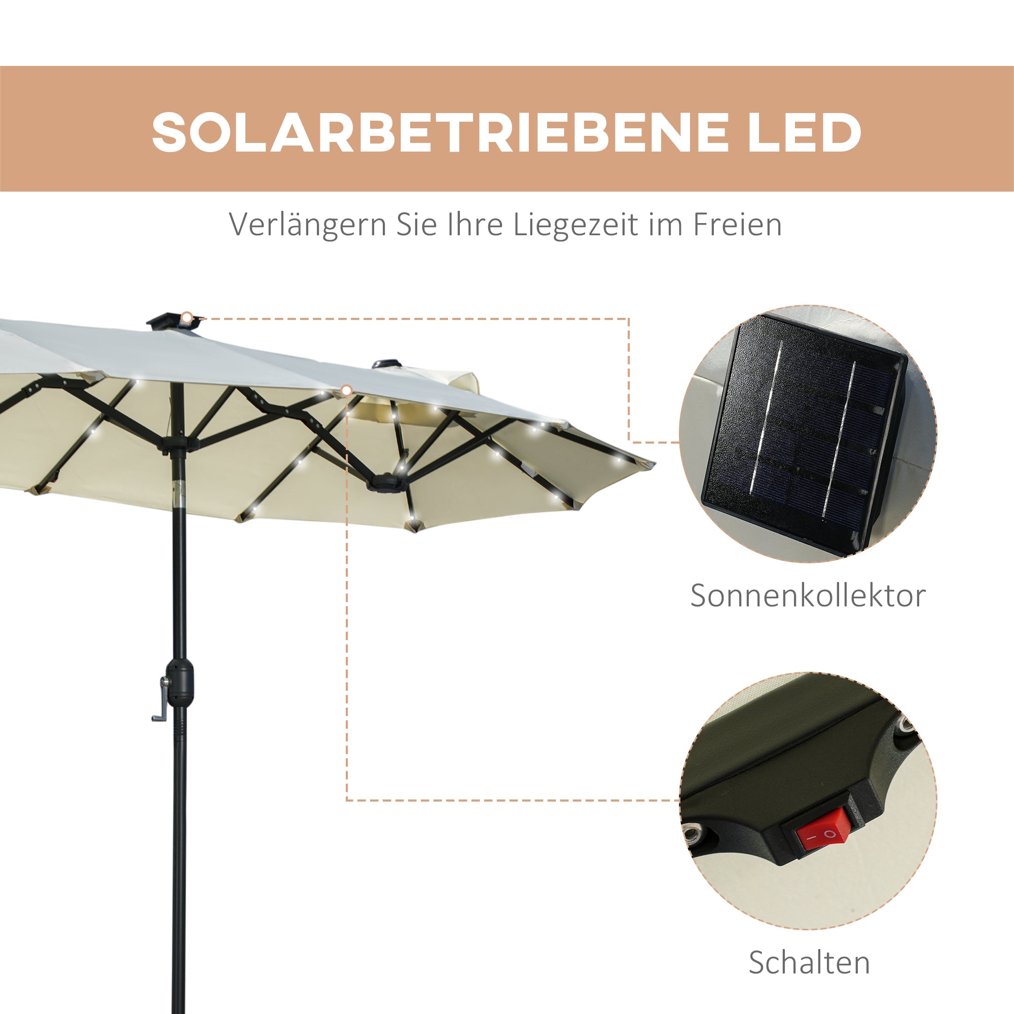 Double Sun Umbrella, 295 x 219cm, Sun Umbrella with LED Lights, Oval, Windproof Garden Umbrella, Sturdy, Market Umbrella with Adjustable Tilt Angle for Patio, Pool, Polyester, Steel, Beige