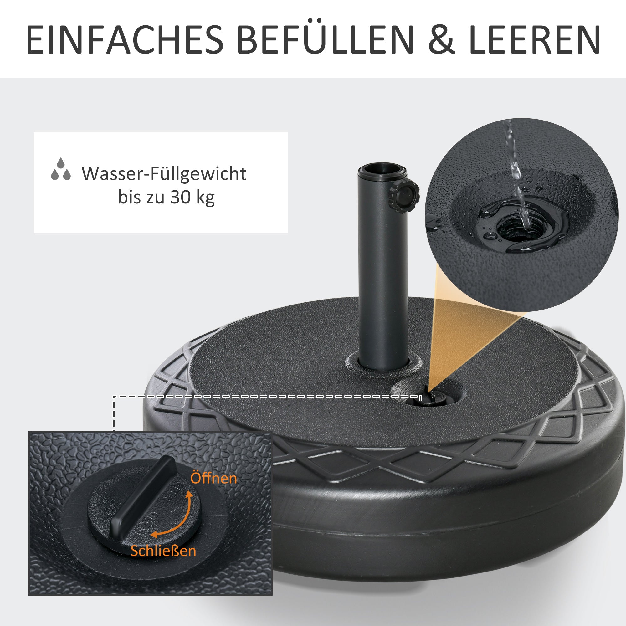 Umbrella Stand up to 40 kg Fillable Round Umbrella Stand Umbrella Holder, Umbrella Weight, Stand for Umbrella 38/48mm Pole Diameter, for Balcony, Terrace, Garden, Black