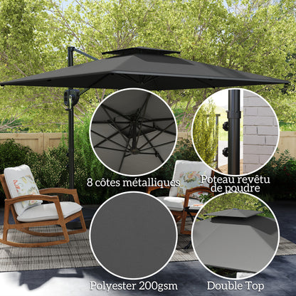 Square Offset Garden Umbrella 2.5 x 2.5m, Outdoor Crank Umbrella with 2 Bases Included, 200gsm Polyester Canopy, Double Roof, 8 Ribs, Dark Grey