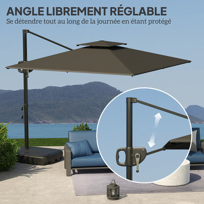 Square Offset Garden Umbrella 2.5 x 2.5m, Outdoor Crank Umbrella with 2 Bases Included, 200gsm Polyester Canopy, Double Roof, 8 Ribs, Dark Grey