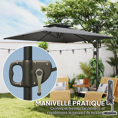 Square Offset Garden Umbrella 2.5 x 2.5m, Outdoor Crank Umbrella with 2 Bases Included, 200gsm Polyester Canopy, Double Roof, 8 Ribs, Dark Grey