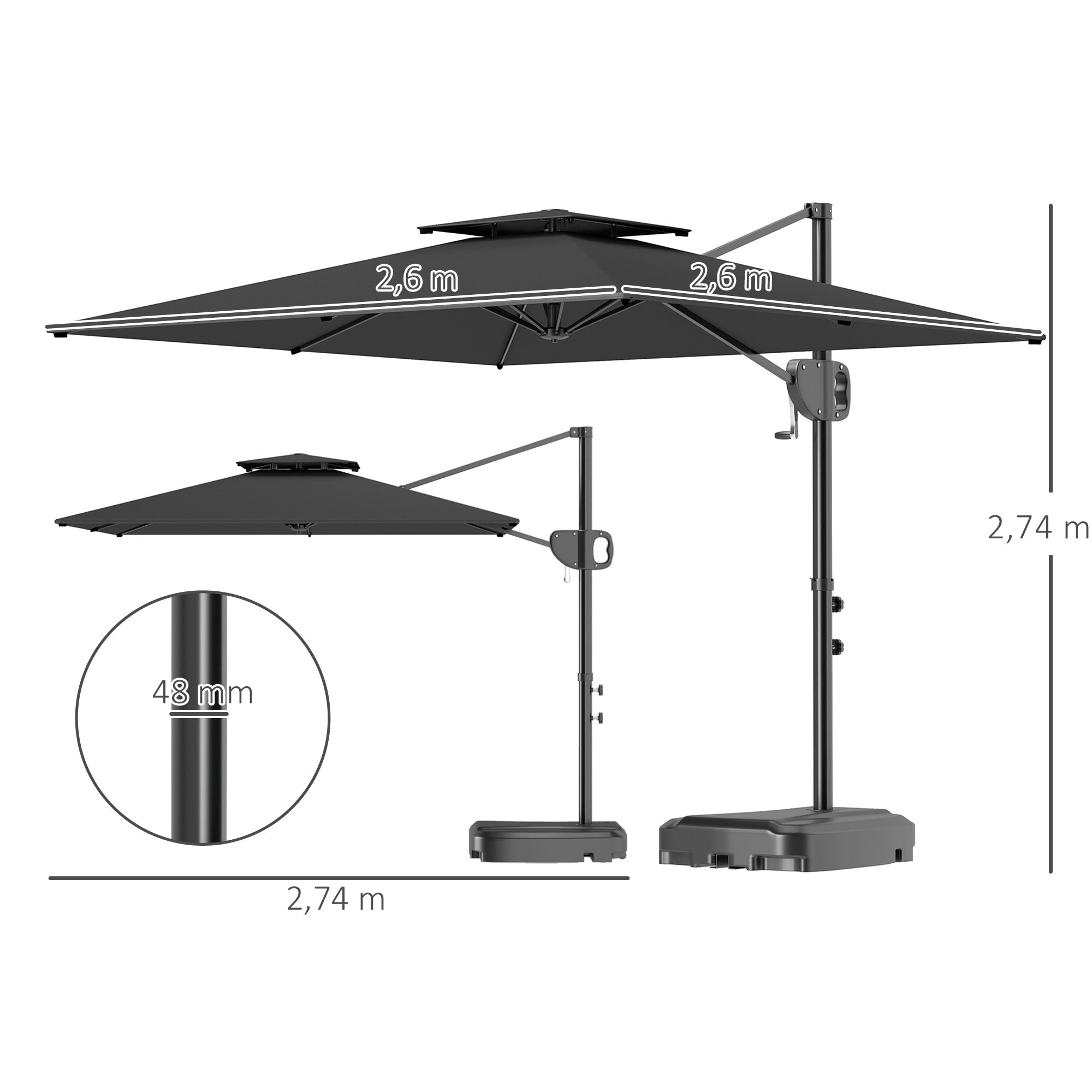 Square Offset Garden Umbrella 2.5 x 2.5m, Outdoor Crank Umbrella with 2 Bases Included, 200gsm Polyester Canopy, Double Roof, 8 Ribs, Dark Grey