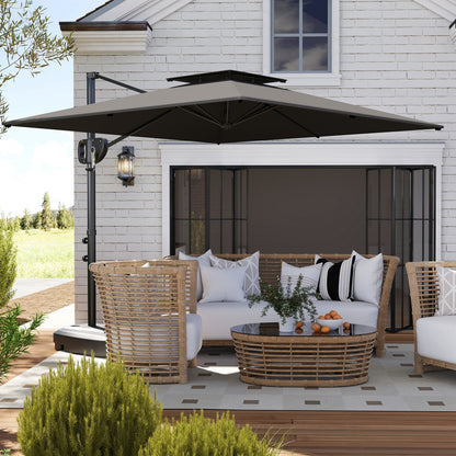 Square Offset Garden Umbrella 2.5 x 2.5m, Outdoor Crank Umbrella with 2 Bases Included, 200gsm Polyester Canopy, Double Roof, 8 Ribs, Dark Grey