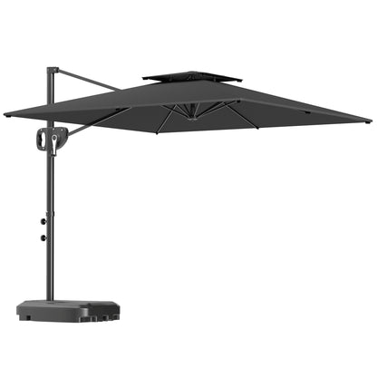 Square Offset Garden Umbrella 2.5 x 2.5m, Outdoor Crank Umbrella with 2 Bases Included, 200gsm Polyester Canopy, Double Roof, 8 Ribs, Dark Grey