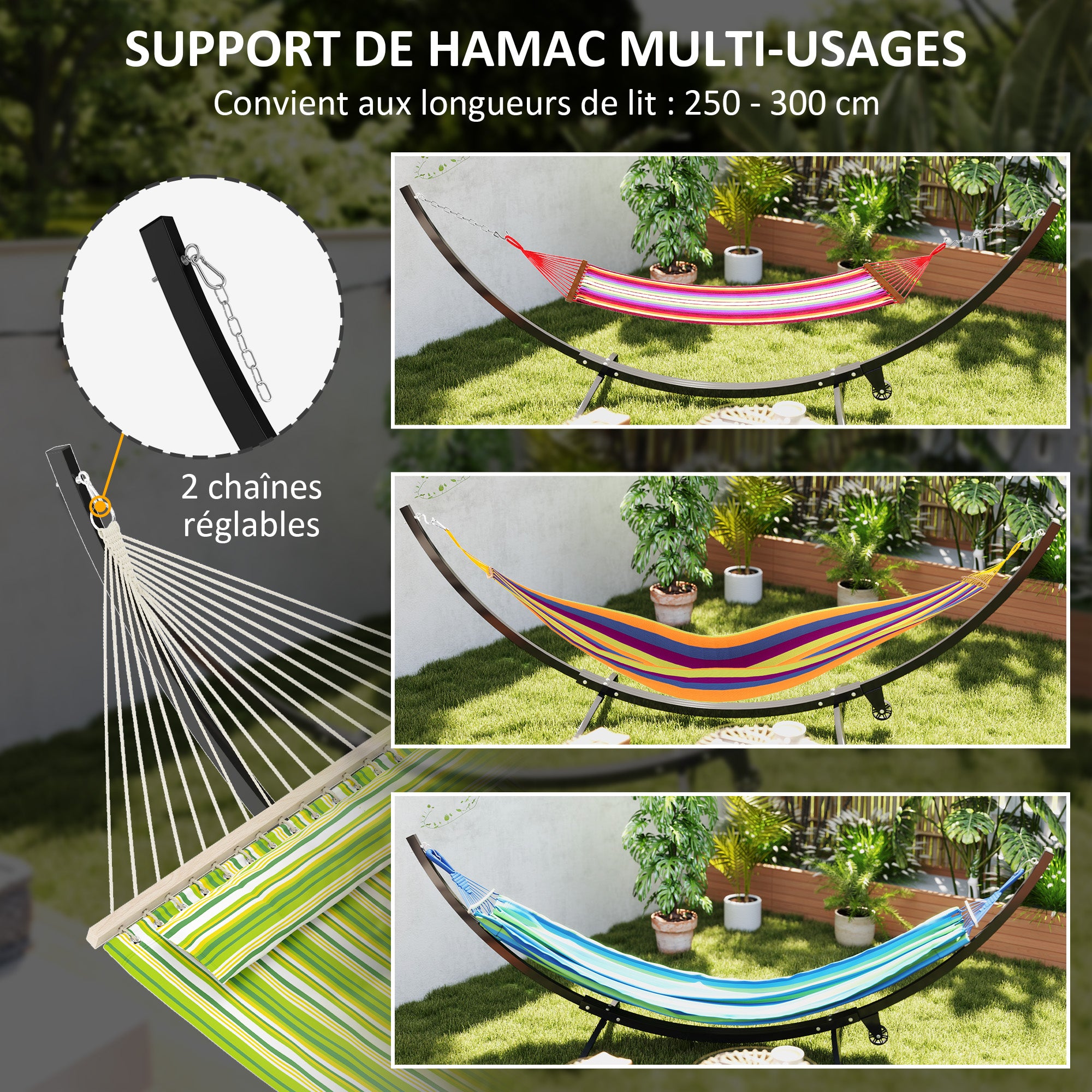 Metal Hammock Stand with Wheels, Hammock Stand Base Max Load 150 kg with Chains, Hooks, for Outdoor and Indoor, 337 x 118 x 118 cm Black