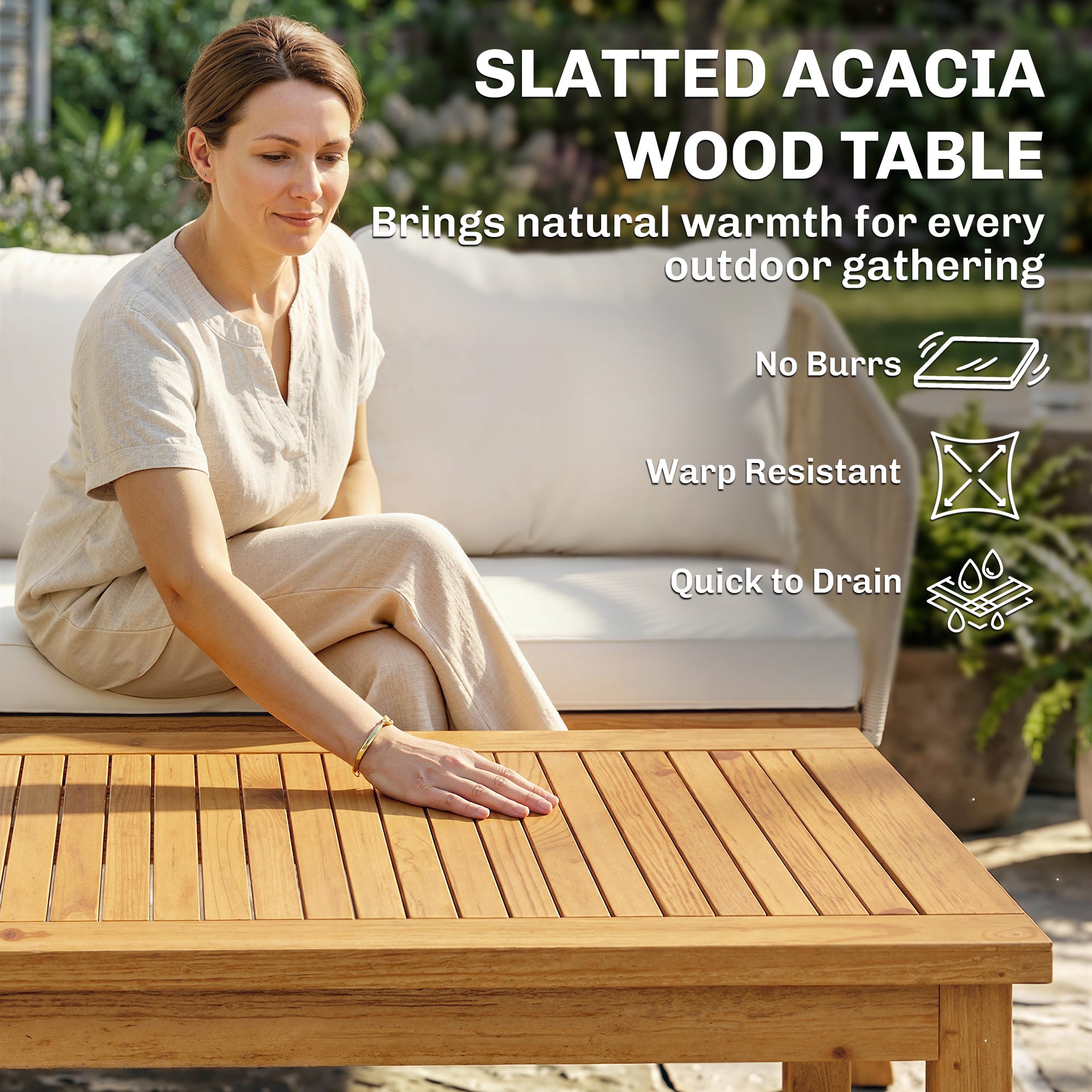 4-Piece Rattan Patio Lounge Set — 2-Seater Sofa, 2 Armchairs & Acacia Slatted Coffee Table with Thick Washable Cushions, Cream White
