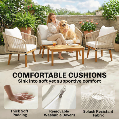 4-Piece Rattan Patio Lounge Set — 2-Seater Sofa, 2 Armchairs & Acacia Slatted Coffee Table with Thick Washable Cushions, Cream White