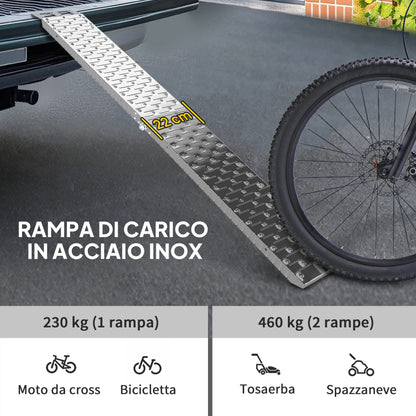 Folding Steel Loading Ramp with Maximum Load 230 kg, Non-Slip Space-Saving Ramp for 22 cm Wide Wheels, for Motorcycles and Bikes, 190x22x8 cm, Silver